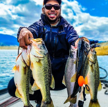 GGAMBIT CEO Josh Glenn with a mixed bag of Largemouth Bass and huge Rainbow Trout while winter fishing at Lake Isabella California